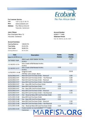Printable Cameroon Ecobank bank statement excel real example